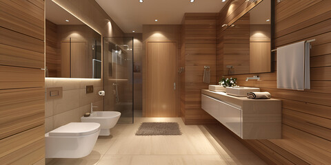 A bathtub is in a bathroom with a shower and tub ,A contemporary toilet design with sleek fixtures.

