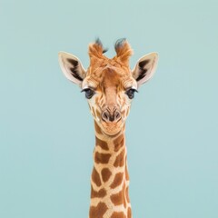 Fototapeta premium A cheerful and funny giraffe, close-up face on a plain copy space banner. Concept: animal print, design, savannah resorts