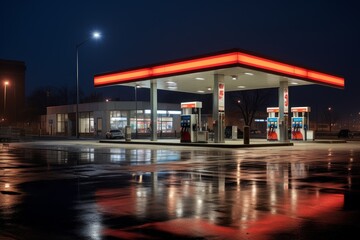 Obraz premium Evening View of a Busy City Gas Station with an Attached Convenience Store