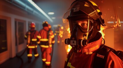 Fototapeta premium Brigade in action combating a fierce fire inside a structure, illuminated by the fiery glow as smoke billows.