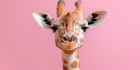 A cheerful and funny giraffe, close-up face on a plain copy space banner. Concept: animal print, design, savannah resorts