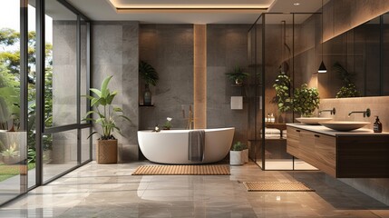 A luxurious bathroom with a freestanding bathtub, walk-in shower and elegant fixtures