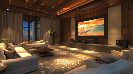 Home theater media room with large screen, surround sound and plush seating, entertainment experience