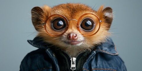 A small animal with big eyes in round glasses and a denim jacket on a gray background.