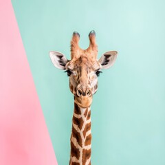 Obraz premium 顔に陽気な顔をしかめたキリン、無地のコピースペースの背景にかわいい動物。 コンセプト: 印刷とデザイン、絵画用のテンプレート