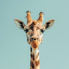 Fototapeta premium A giraffe with a cheerful grimace on its face, a cute animal on a plain copy space background. Concept: print and design, template for paintings