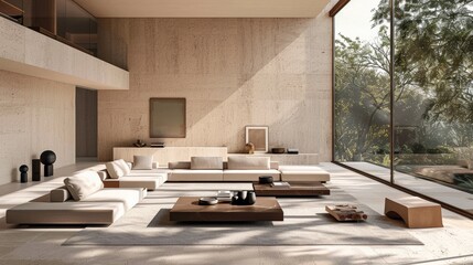 A minimalist living room with modern furniture, neutral colors, in natural light from large windows