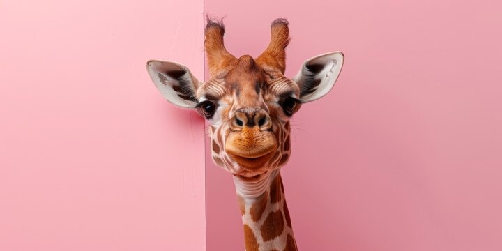 Una jirafa con una mueca alegre en la cara, un animal lindo sobre un fondo de espacio de copia simple. Concepto: impresi&oacute;n y dise&ntilde;o, Plantilla para pinturas.