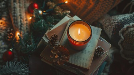 Christmasthemed candle next to a stack of holiday books on a bedside table top view for a relaxing holiday read advanced tone analogous color scheme