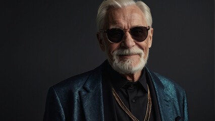 Fototapeta premium Gray-haired elderly man in stylish club clothes on a black background.