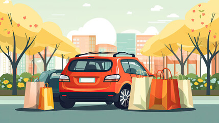 shopping bags in car trunk at mall parking . ai generated