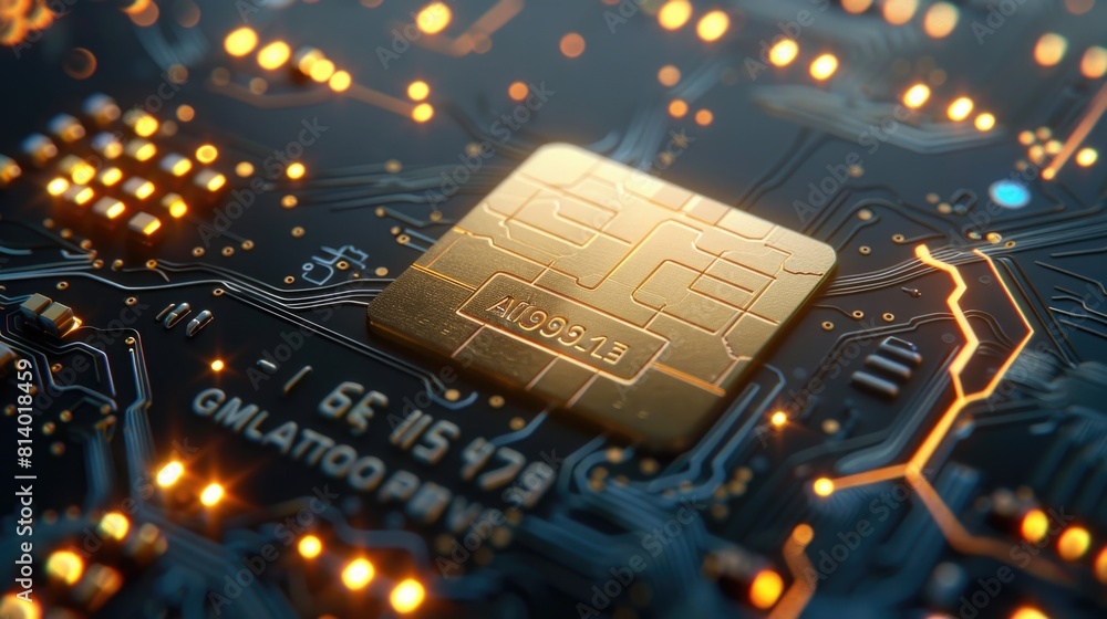 Poster close up of a gold chip on a circuit board. suitable for technology concepts