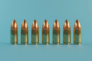 Row of bullet shells against a blue backdrop. Ideal for military or gun-related concepts