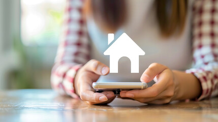 Online technology in real estate market. Woman holding phone with house icon above it. App to find property to buy and rent. Smartphone application to search home. Booking hotel, mortgage loan