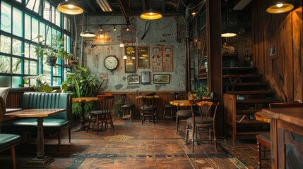 Interior design of cafe with wooden vintage style
