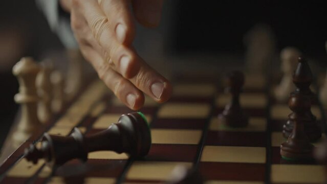 The chess genius ends the game by knocking over the king's piece and leaving his opponent with no chance of retaliatory move. The camera zooms onto the hand which gently but confidently moves figure