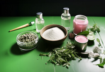 Making of natural cosmetics from natural ingredients with jars and  herbs on green table