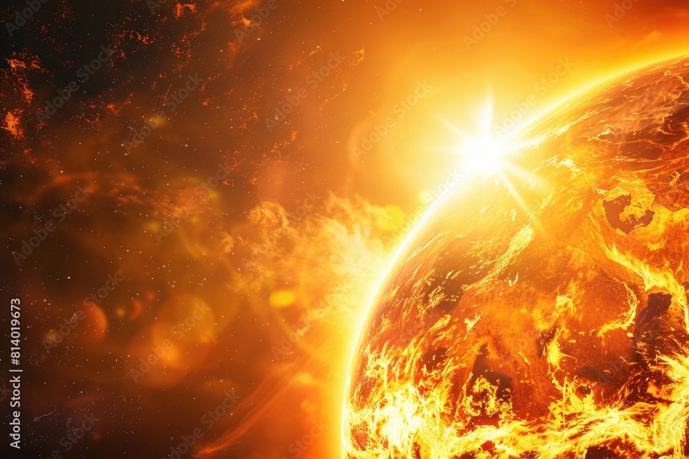 Poster a detailed view of a planet with the sun shining in the background. ideal for science and astronomy 