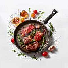 Beef meat steak frying in a frying pan on white background with herbs and spices ingredients, top view