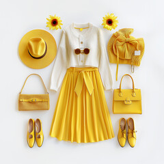 Summer women outfit flat lay with skirt and Blouse, shoes and sun hat, bags and flowers at white background. Top view