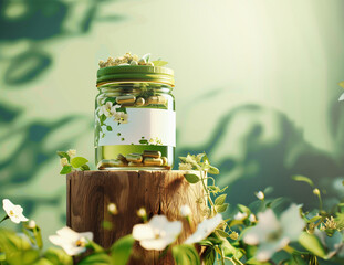 Green supplement jar on wooden stage at green background with medical herbs and flowers with sunshine. Front view