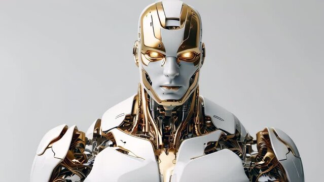 Golden white modern male robot android on white background