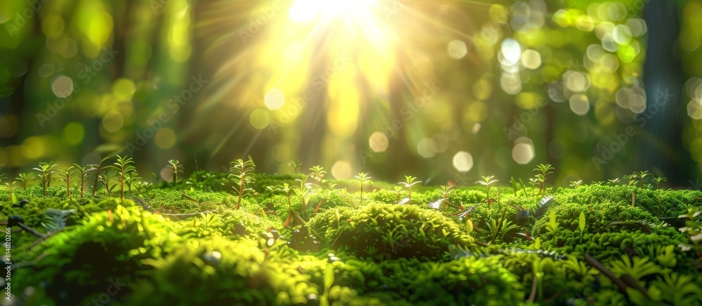 Poster moss on the forest floor with a blurred background of green trees and sunlight generative ai