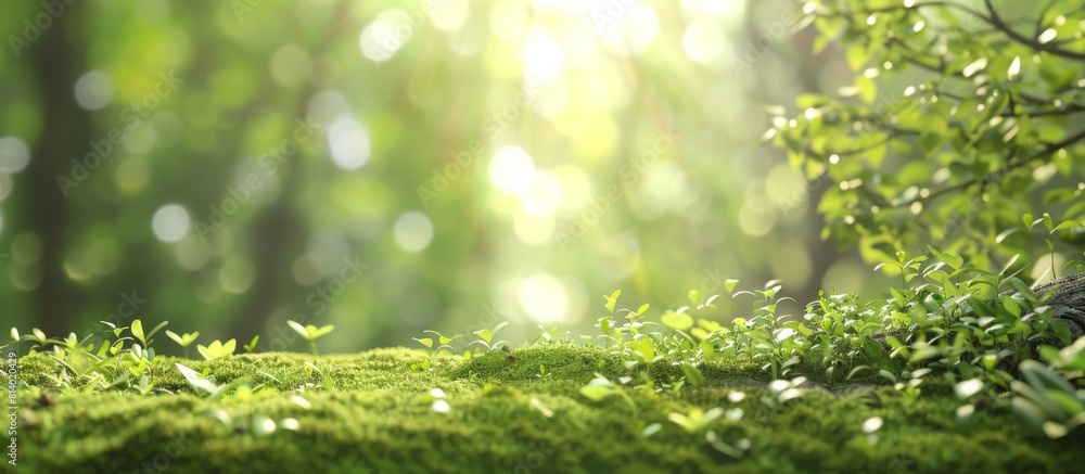 Poster beautiful blurred background of a natural green forest with moss on the ground and sunlight filterin