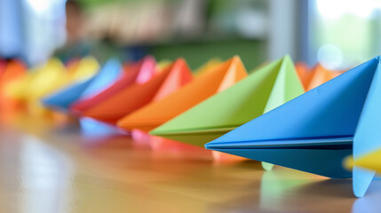 A row of colorful paper airplanes lined up on a table, ready to take flight at the hands of eager children.