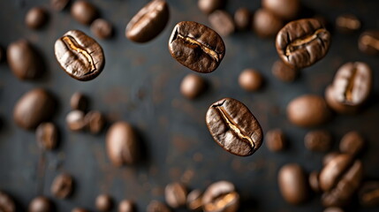 Fototapeta premium Closeup of coffee beans flying in the air with plain background