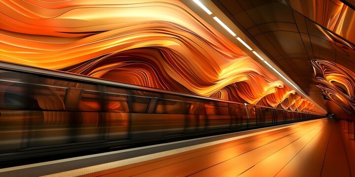 Modern train station with vibrant orange art and futuristic design elements. Concept Train Station Design, Vibrant Art, Futuristic Elements, Modern Architecture