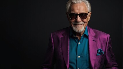 Obraz premium Gray-haired elderly man in stylish club clothes on a black background.