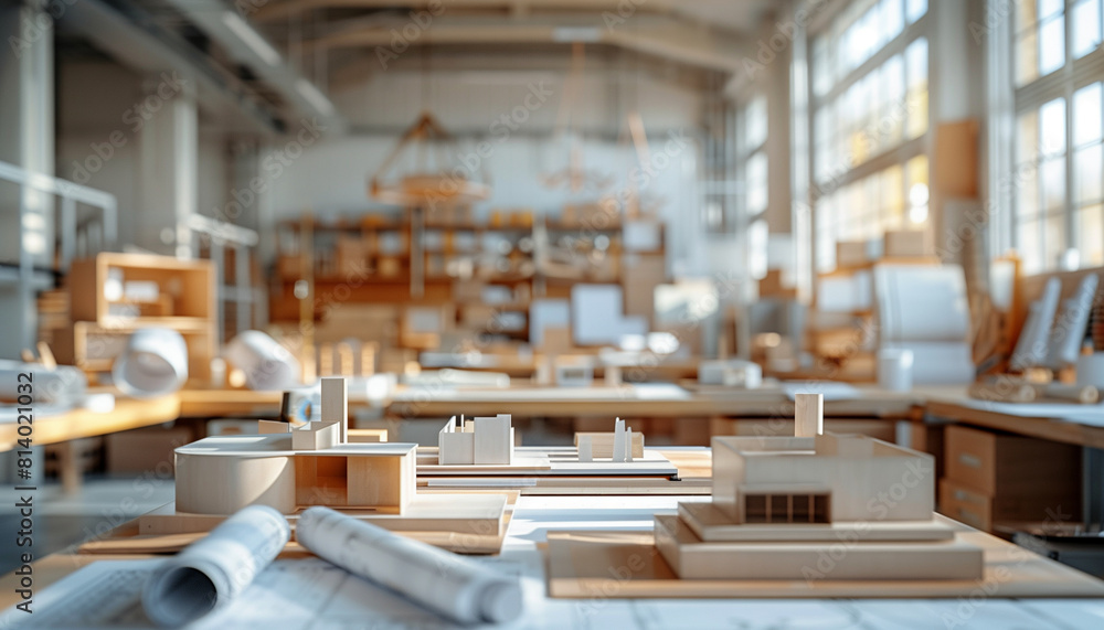 Aufkleber capturing an empty architecture studio with models and blueprints left on the desks, silent yet full