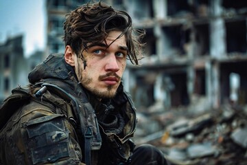 Fototapeta premium Aftermath: Desolate Cityscape in Ruins - young caucasian man with beard