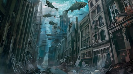 Obraz premium flooded city street. Fish swimming through the streets, making their way through the once bustling city