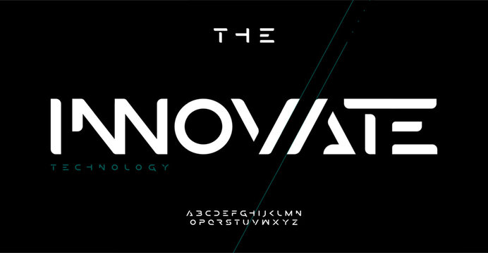 Innovative sleek alphabet, bold geometric sans serif letters, cutting-edge digital font for dynamic tech logo, powerful headline, advanced typography, future-facing typographic design.Vector typeset