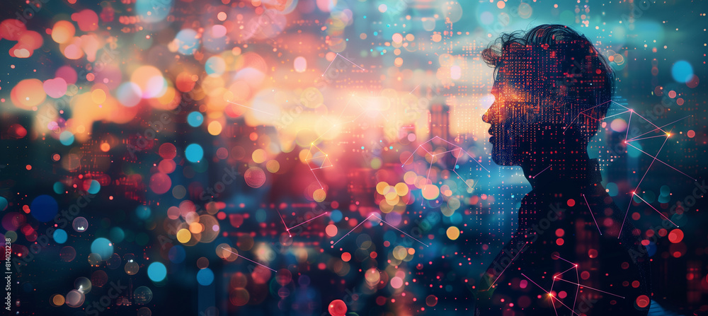 Poster of a tech entrepreneur's silhouette blended with a digital cityscape displaying connectivity and net