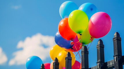 A collection of colorful balloons tied to a fence, their vibrant colors standing out against the blue sky.