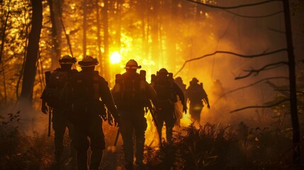 Fototapeta premium A team of firefighters walks towards a raging forest fire, silhouetted against the intense glow of flames and smoke at dusk.