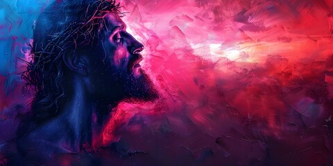 Fototapeta premium Jesus in oil painting style against sunset sky: Christian banner. Concept Religious Art, Oil Painting, Christianity, Sunset Sky, Jesus Portrait