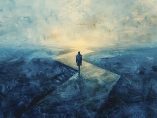 Obraz premium Amid the crossroads, a solitary figure contemplates diverging blue paths against a soft, pale backdrop, a poignant reflection of life's choices.