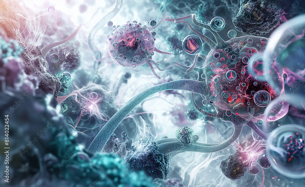 Poster nanotech cellular fusion: digital art of human cells enhanced by tiny robots