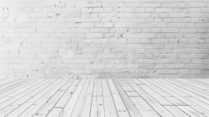 Fototapeta premium Whitewashed brick wall and wooden floor texture.white brick wall and floor