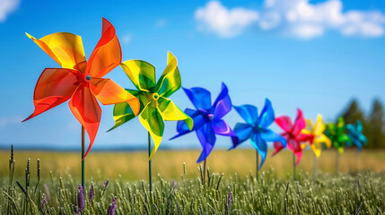 A row of colorful pinwheels spinning in the breeze, their vibrant colors creating a mesmerizing display.