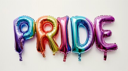 Colorful Foil Balloons Shaped as PRIDE Text on White Background, Symbol of LGBTQ+ Celebration