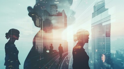 Obraz premium Double Exposure Image of Business Professionals in Urban Setting