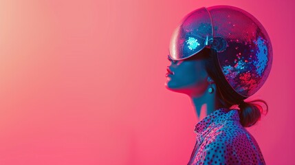 Profile shot of a stylish woman wearing a sparkling space helmet under neon lighting with copy space on the right. Concept party. 