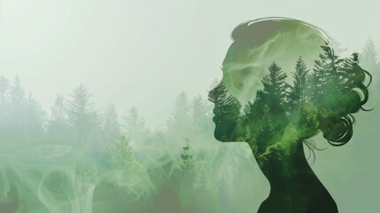 The photo shows a woman's head with a double exposure of a forest. The woman is looking to the right of the frame. The photo is taken from a high angle.