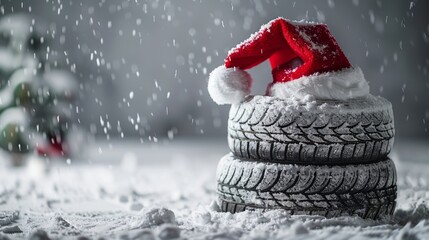 Two snow-covered tires stacked with a Santa hat in a winter setting, suggesting holiday travel and Christmas spirit.