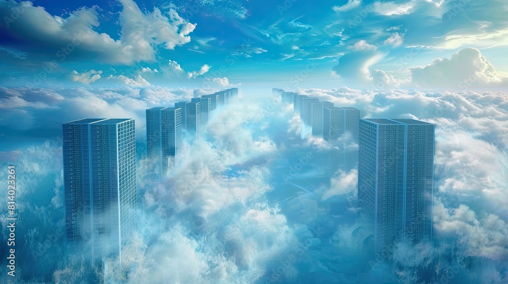 Poster cloud computing concept, high speed servers streaming data to a cloud, symbolic visual